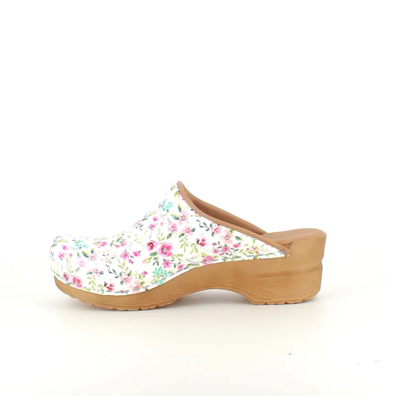 Sanita Clogs|Træsko Dame Modeller*Hvid -træsko med smukt blomsterprint.