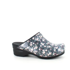 Sanita Clogs|Træsko Dame Modeller*tøffel-træsko med sort/hvide blomster