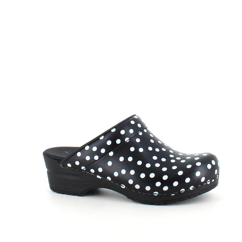 Sanita Clogs|Træsko Dame Modeller*træsko med sort og hvidt prikmønster