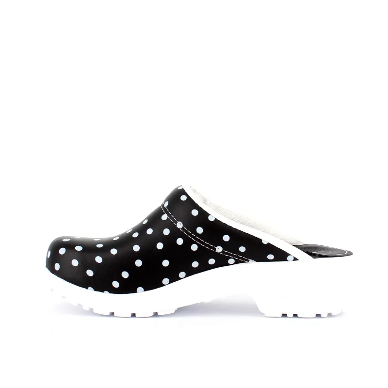 Sygeplejebutikken Work Sko*Sort træsko med polkaprikker uden kap