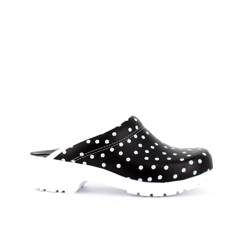 Sygeplejebutikken Work Sko*Sort træsko med polkaprikker uden kap