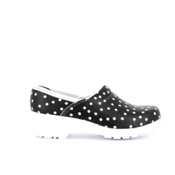 Sygeplejebutikken Work Sko*Sort træsko med polkaprikker og kap