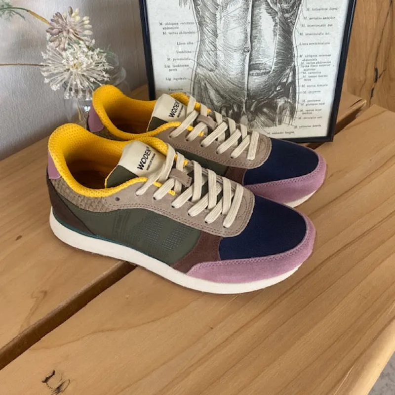 Woden Sommersko Dame|Overgangssko*multifarvet sneaker med mesh, læder & ruskind – udtagelig korkindersål & fleksibel rågummisål