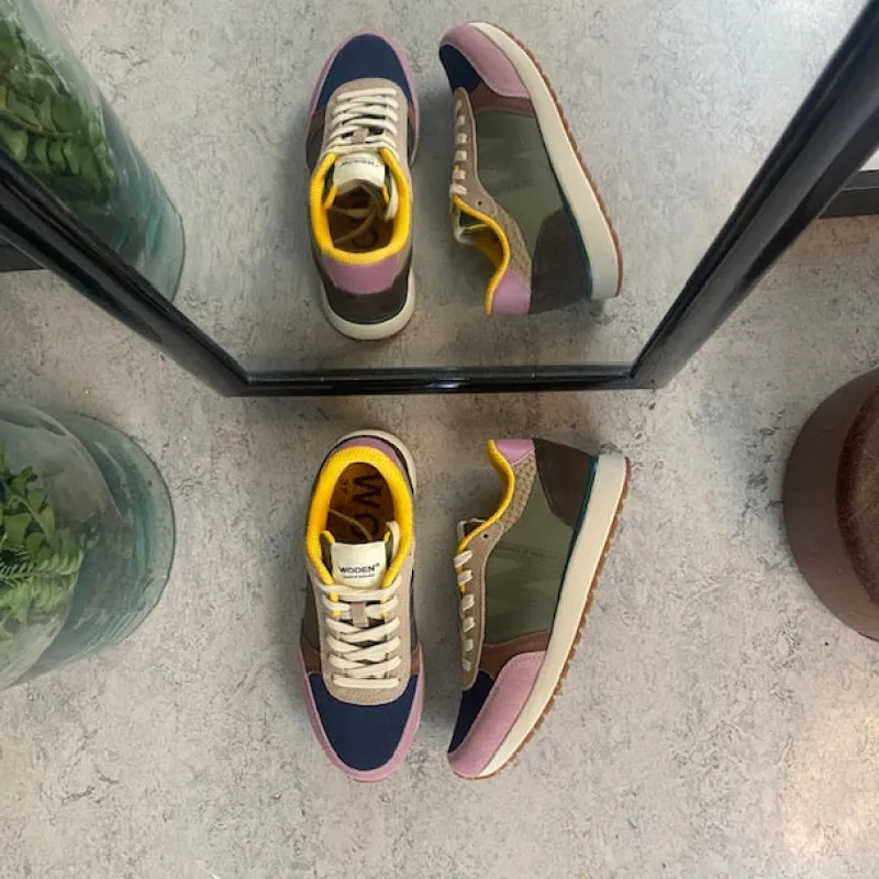 Woden Sommersko Dame|Overgangssko*multifarvet sneaker med mesh, læder & ruskind – udtagelig korkindersål & fleksibel rågummisål